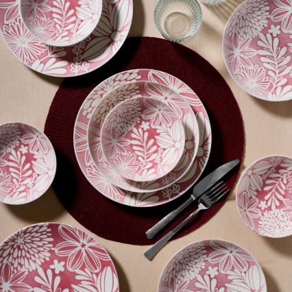 18-teiliges Essservice in Rot/Weiß aus Porzellan