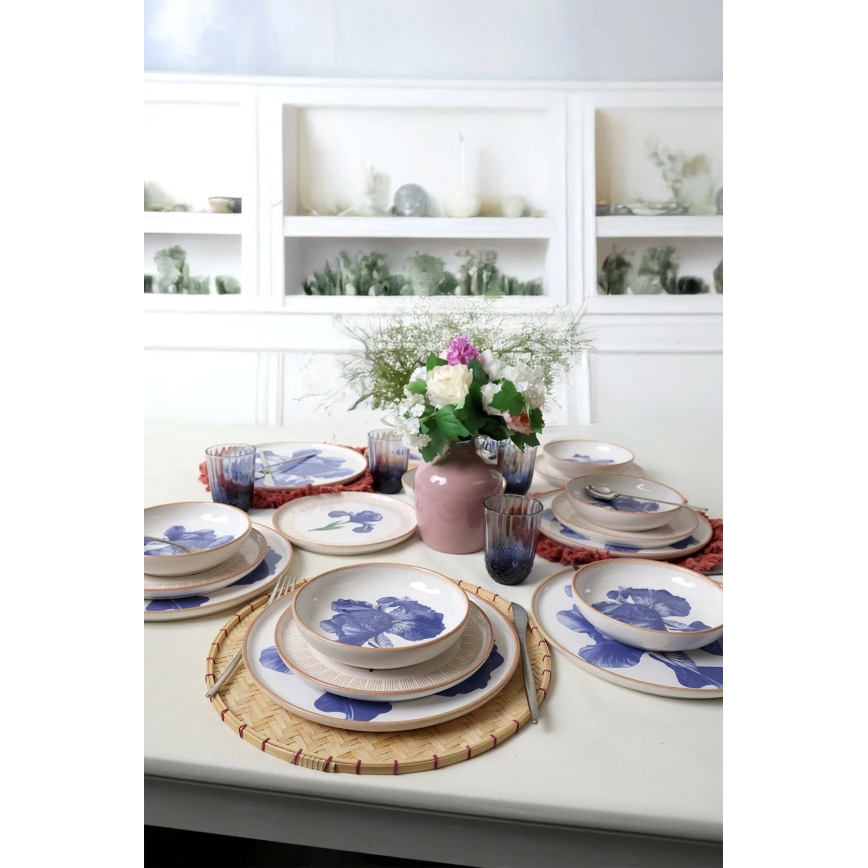 18-teiliges Keramik-Geschirr, weiß/blau/beige