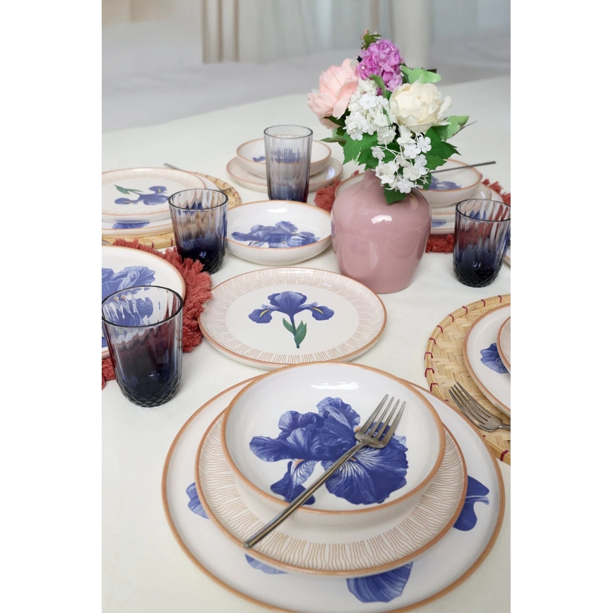 18-teiliges Keramik-Geschirr, weiß/blau/beige