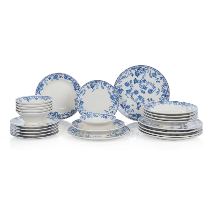 24-teiliges Essservice, weiß/blau, aus Keramik