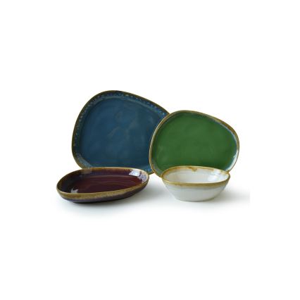 24-teiliges, farbenfrohes Geschirrset aus Steinzeug