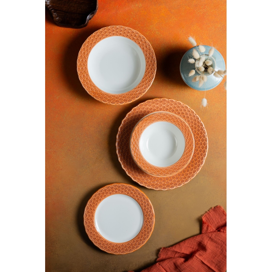 24-teiliges Geschirrset aus Porzellan, weiß/orange