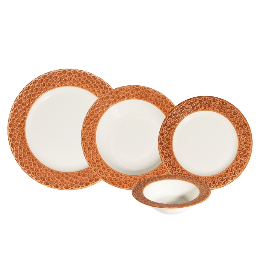 24-teiliges Geschirrset aus Porzellan, weiß/orange