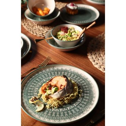 24-teiliges Geschirrset, beige/grün, aus Steinzeug