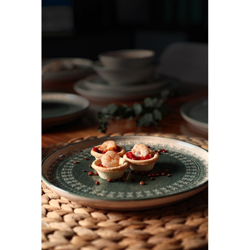 24-teiliges Geschirrset, beige/grün, aus Steinzeug