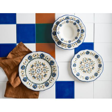 24-teiliges Speiseservice aus Porzellan, weiß/blau/gelb