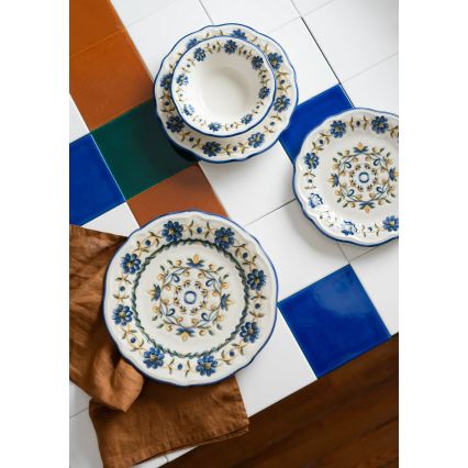 24-teiliges Speiseservice aus Porzellan, weiß/blau/gelb