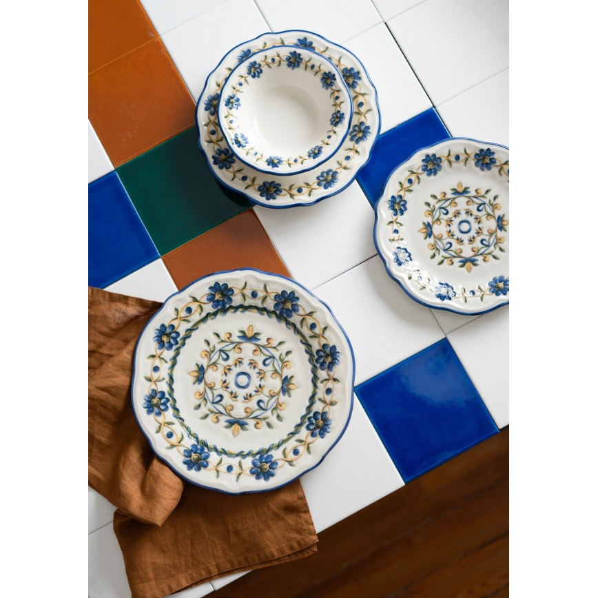 24-teiliges Speiseservice aus Porzellan, weiß/blau/gelb