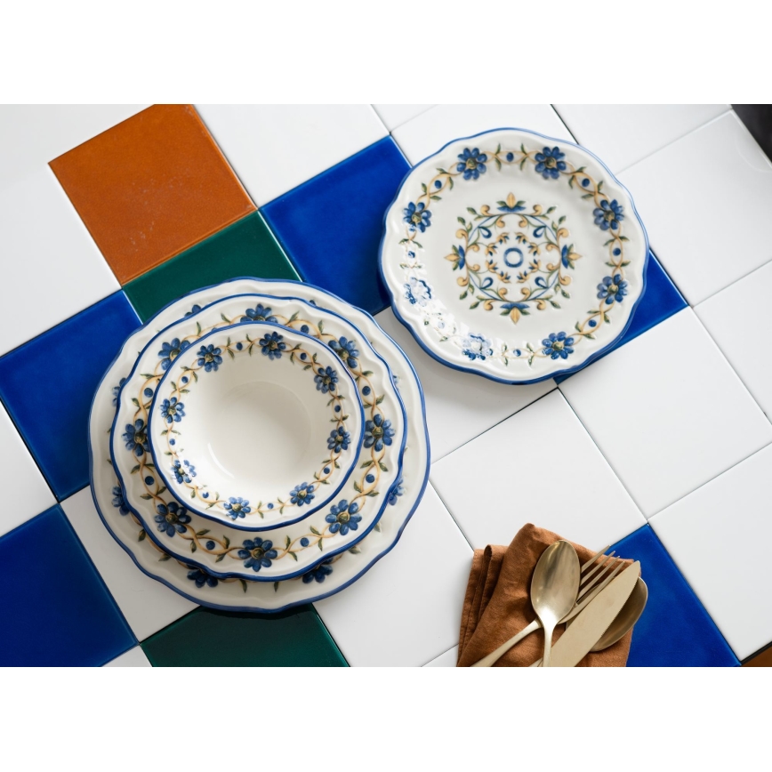 24-teiliges Speiseservice aus Porzellan, weiß/blau/gelb