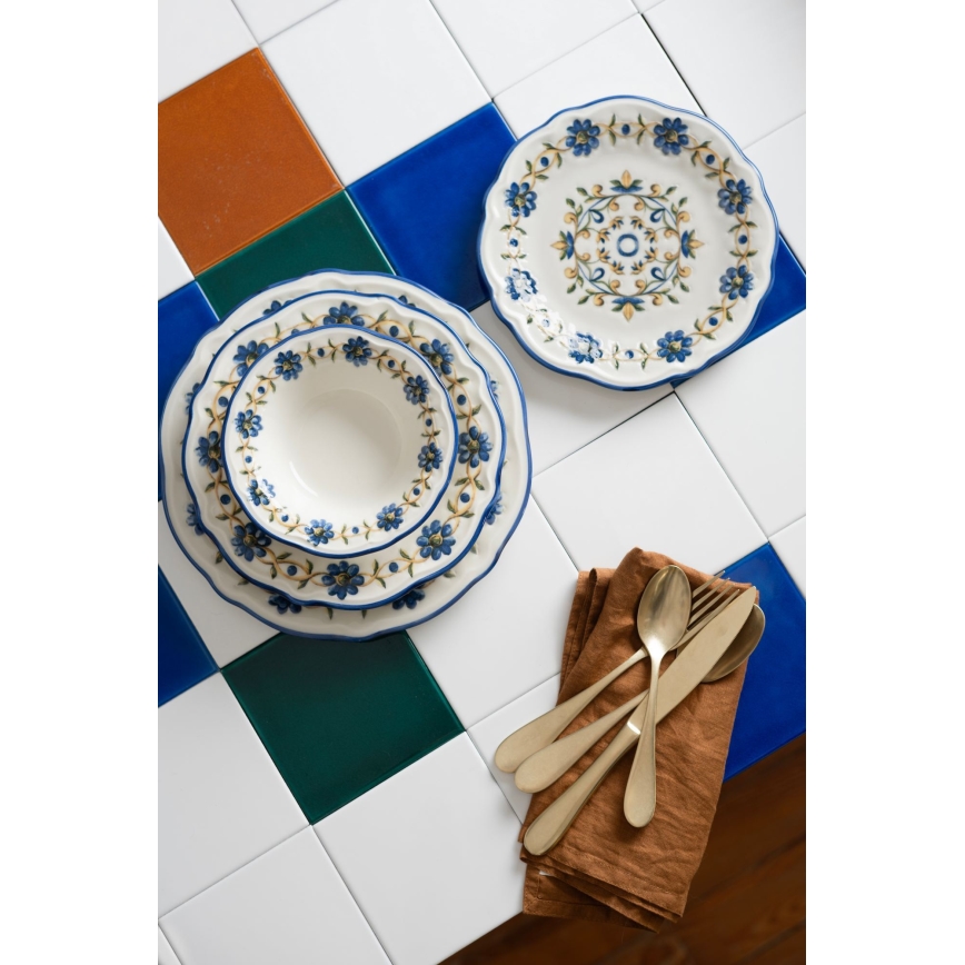 24-teiliges Speiseservice aus Porzellan, weiß/blau/gelb