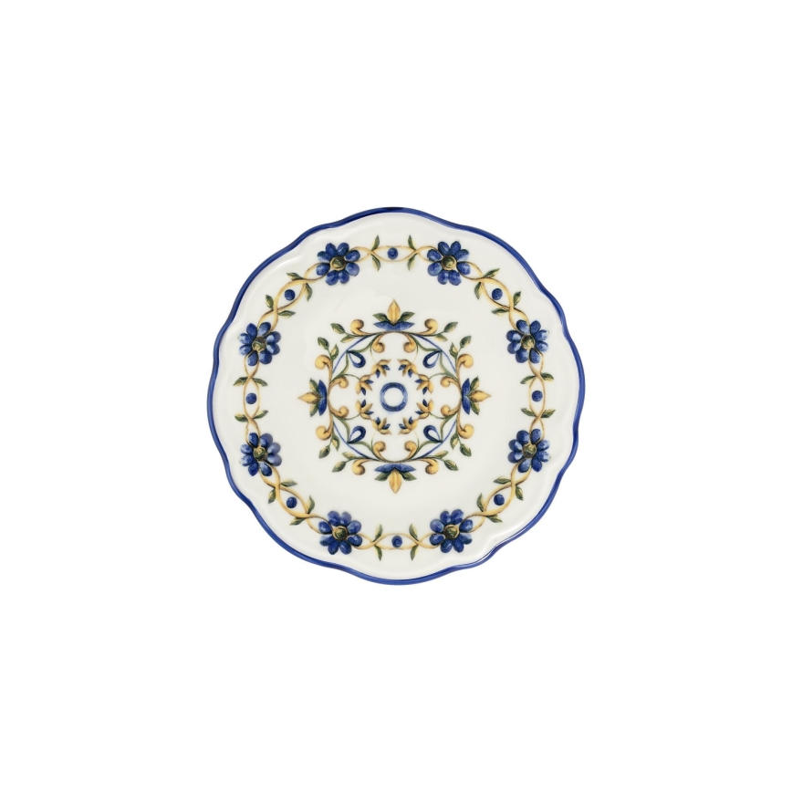 24-teiliges Speiseservice aus Porzellan, weiß/blau/gelb