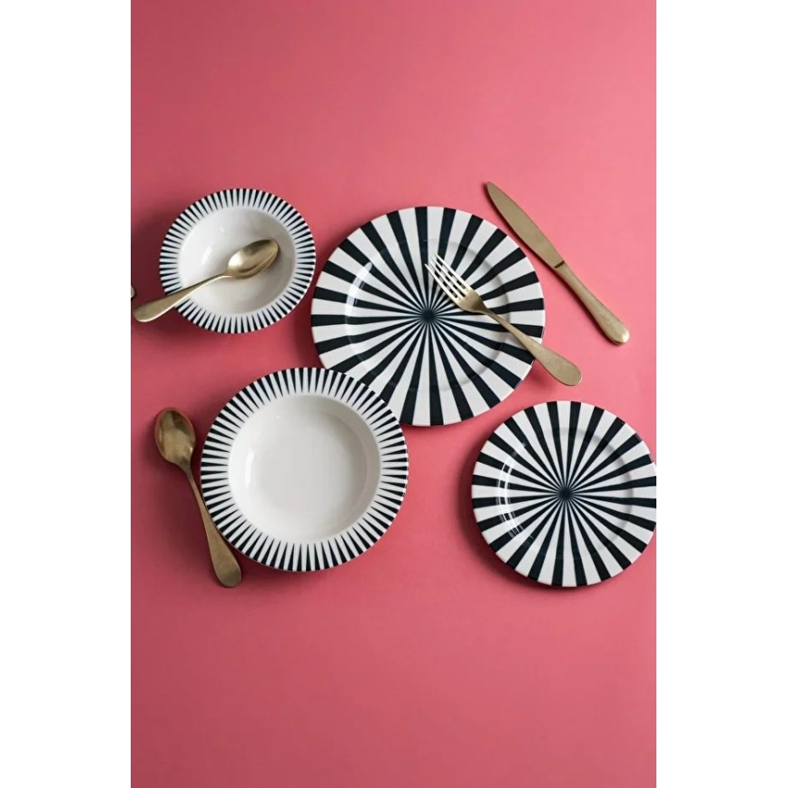 24-teiliges Tafelservice aus Porzellan, weiß/schwarz