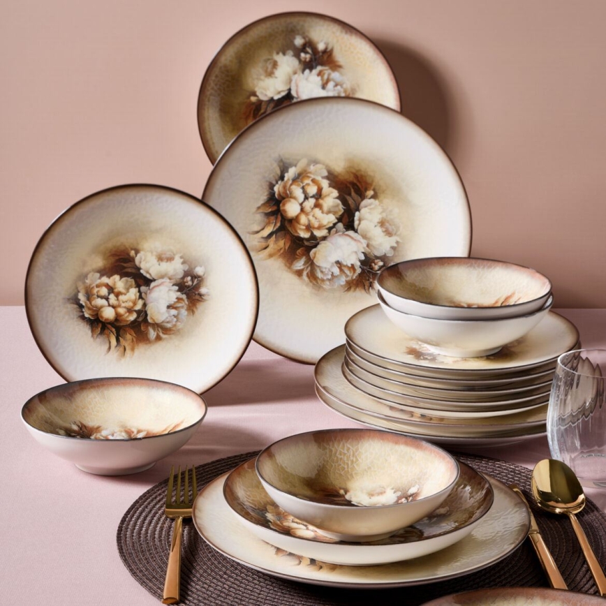 26-teiliges Porzellan-Geschirrset in Beige/Braun/Weiß
