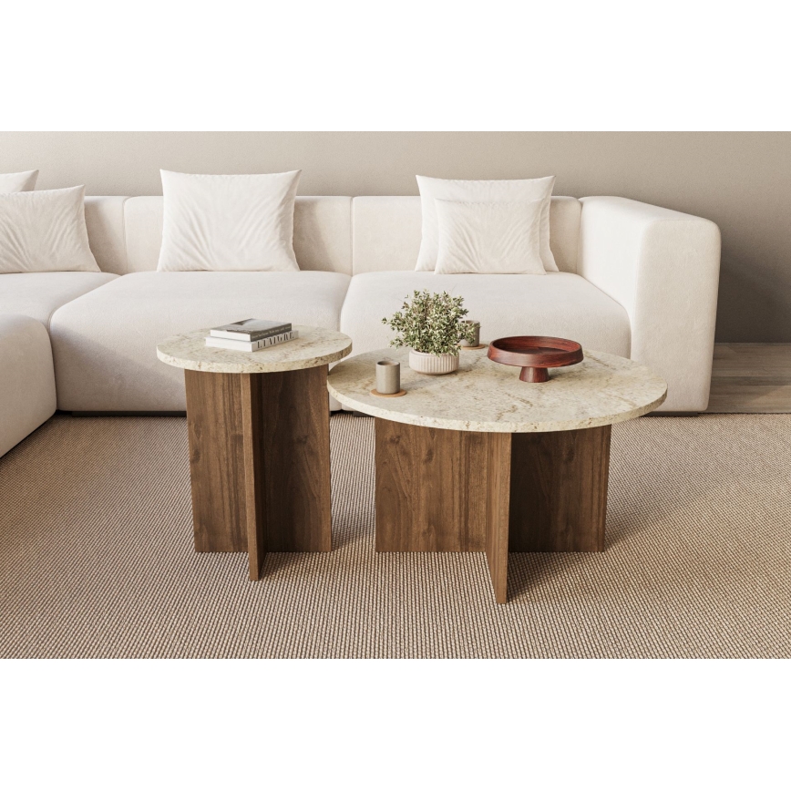 2er-Set Couchtische PURO Ø 40/70 cm Nussbaum/Beige