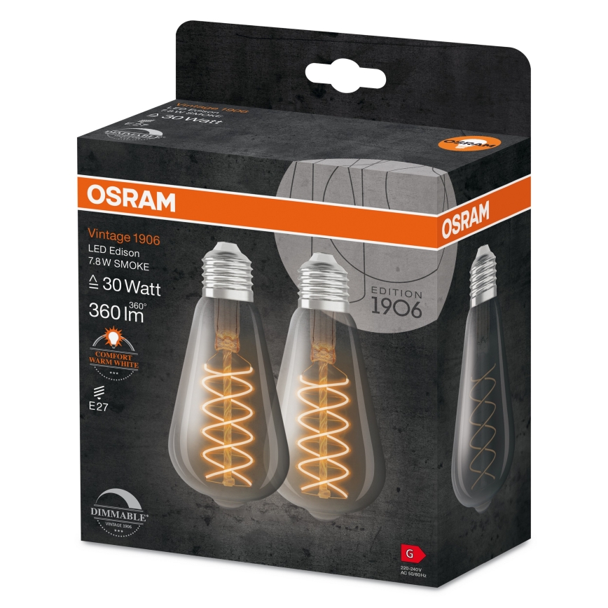 2er-Set dimmbare Vintage-Filament-LED-Lampe E27/4,8W/230V 2200K - Osram