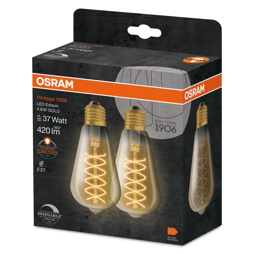 2er-Set dimmbare Vintage-LED-Filamentlampe E27, 7,8 W, 230 V, 1800 K - Osram