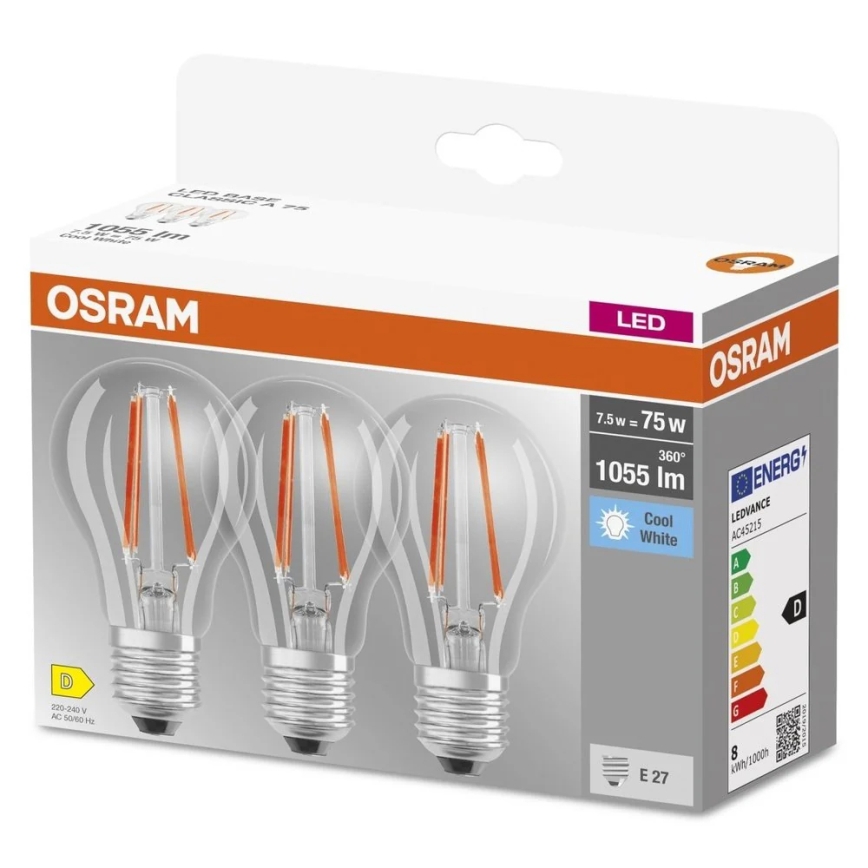 3er-Set LED-Filamentlampe BASE CLASSIC FILAMENT A60 E27/7,5W/230V 4000K - Osram