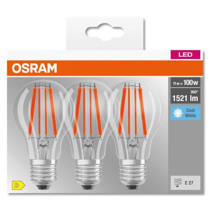3er-Set LED-Lampe BASE CLASSIC FILAMENT A60 E27/11W/230V 4000K - Osram