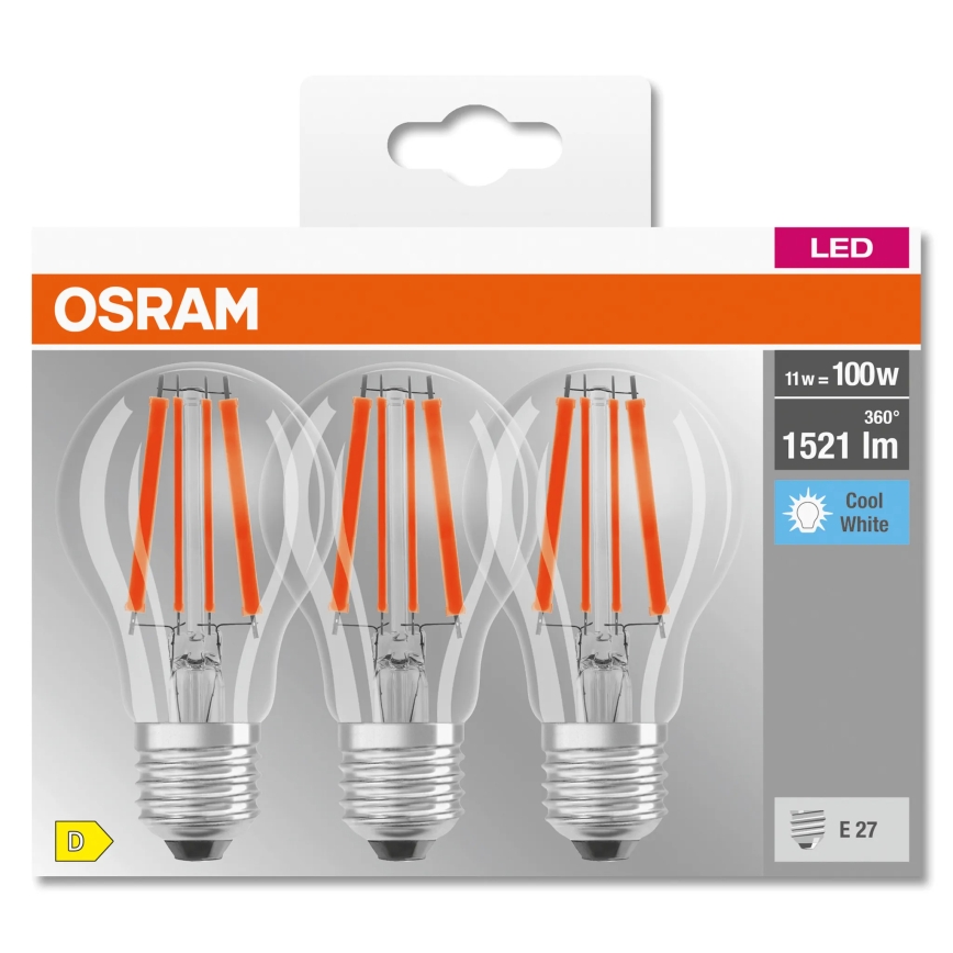 3er-Set LED-Lampe BASE CLASSIC FILAMENT A60 E27/11W/230V 4000K - Osram