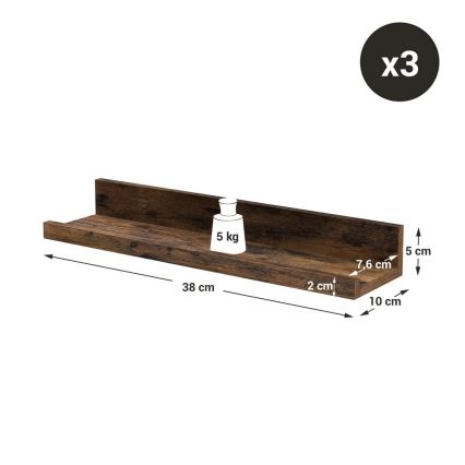 3er-Set Wandregal SHELFY 38x5x10 cm, braun