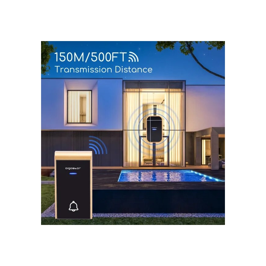 Aigostar - SET 2x kabellose Türklingel für Steckdose 230V/12V IP44 schwarz/kupferfarben