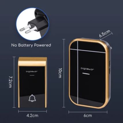 Aigostar - SET 2x kabellose Türklingel für Steckdose 230V/12V IP44 schwarz/kupferfarben