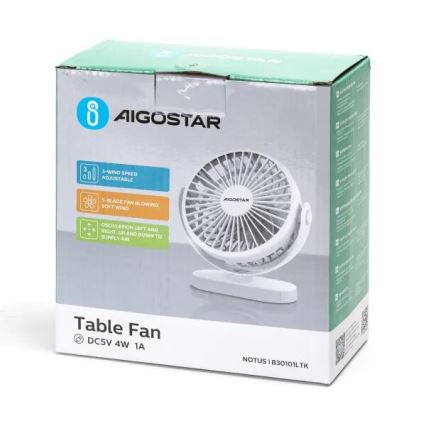 Aigostar - Aufladbarer Tischventilator 4W/5V 1500mAh weiß
