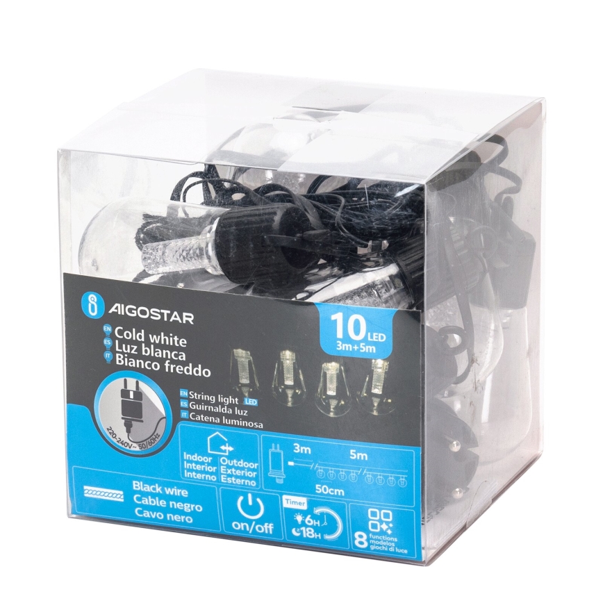 Aigostar - Dekorative LED-Outdoor-Lichterkette 10xLED/8m IP44 kaltweiß