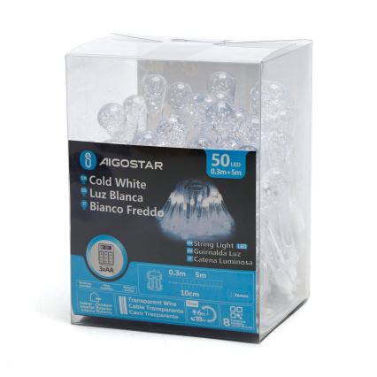 Aigostar - Dekorative LED-Outdoor-Lichterkette 50xLED/8 Funktionen 5,3m IP44 kaltweiß