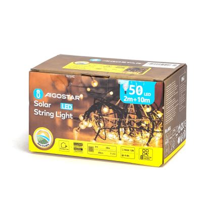 Aigostar - Dekorative LED-Solar-Lichterkette 50xLED/8 Funktionen 12m 800 mAh IP65 warmweiβ