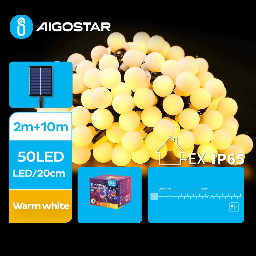 Aigostar - Dekorative LED-Solarlichterkette 50xLED/8 Funktionen 12m IP65 warmweiβ