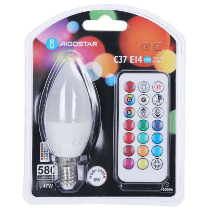 Aigostar - LED RGBW dimmbare Lampe C37 E14/6W/230V 3000K + Fernbedienung