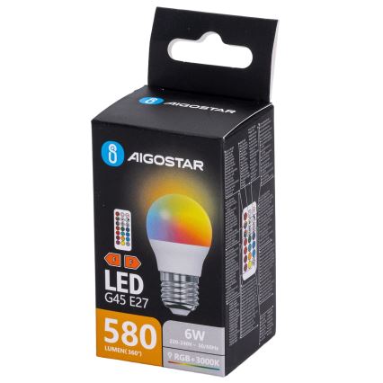 Aigostar - LED RGBW dimmbare Glühbirne G45 E27/6W/230V 3000K + Fernbedienung