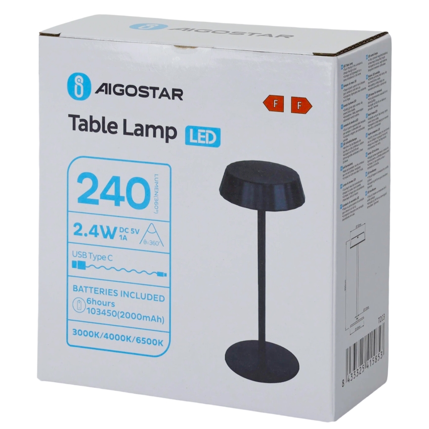 Aigostar - Dimmbare LED-Tischlampe AMBIENT LED/2,4W/5V 3000-6500K schwarz 2000 mAh