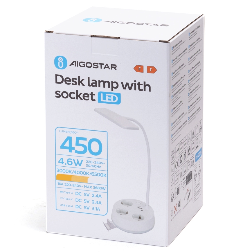Aigostar - dimmbare LED-Tischlampe mit Steckdosen und USB-Anschlüssen LED/4,6W/230V 3000/4000/6500K weiß