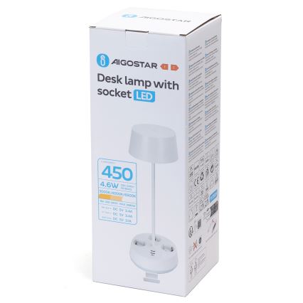 Aigostar - Dimmbare LED Tischlampe mit Steckdosen und USB LED/4,6W/230V 3000/4000/6500K weiß