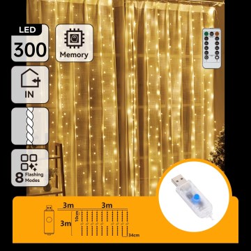 Aigostar - dimmbare LED-Weihnachtslichterkette 300 LEDs/8 Funktionen USB 6×3 m warmweiß + Fernbedienung