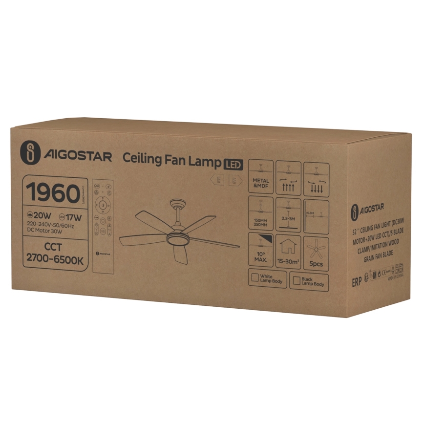 Aigostar - Dimmbarer LED-Deckenventilator LED/20W/230V 2700-6500K 132cm weiß/beige + Fernbedienung