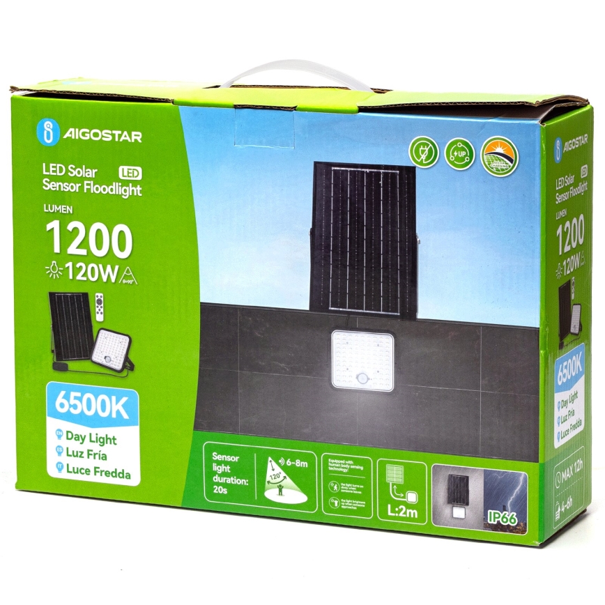 Aigostar - LED-dimmbarer Solarstrahler mit Sensor LED/120W/3,4V 6500K IP66 8000 mAh + Fernbedienung