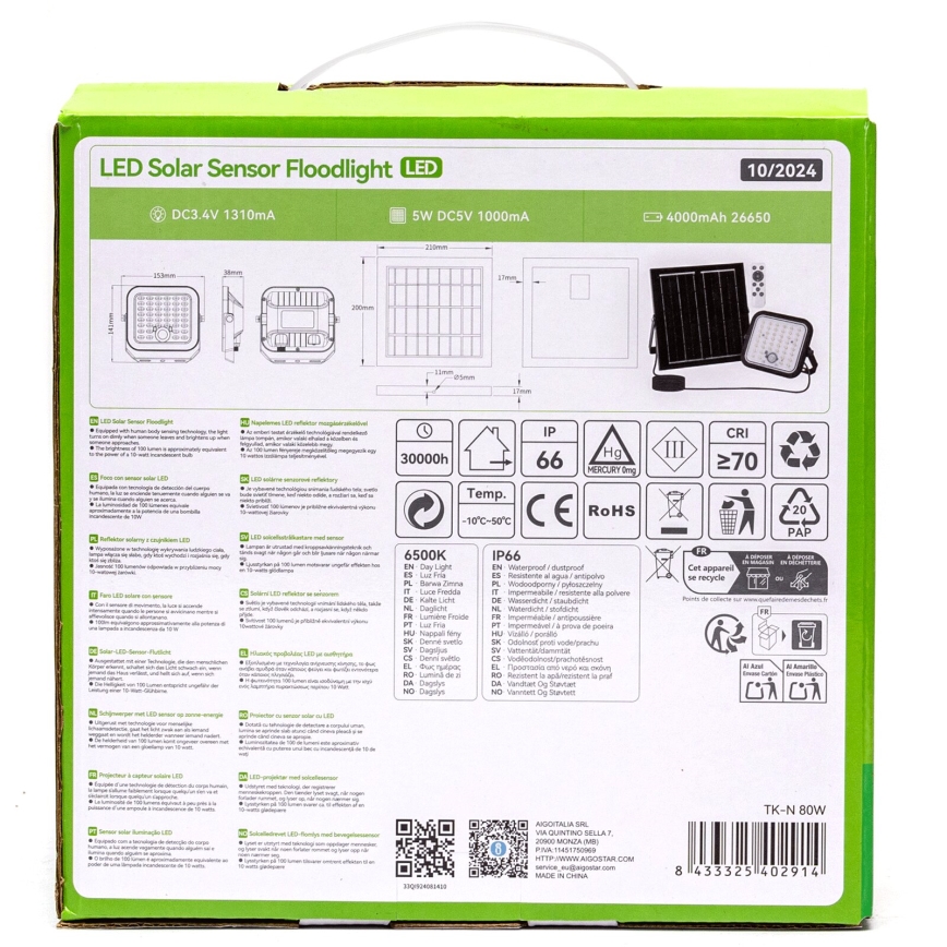 Aigostar - LED-dimmbarer Solarstrahler mit Sensor LED/80W/3,4V 6500K IP66 4000 mAh + Fernbedienung