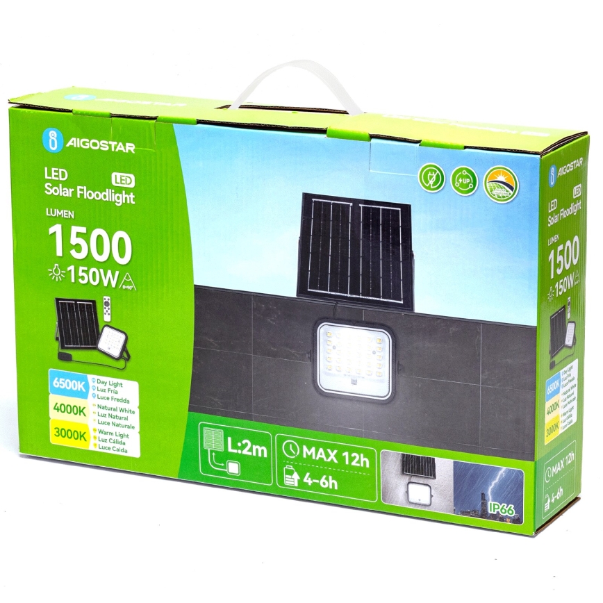 Aigostar - Dimmbarer LED-Solarstrahler LED/150W/3,4V 3000/4000/6500K IP66 + Fernbedienung