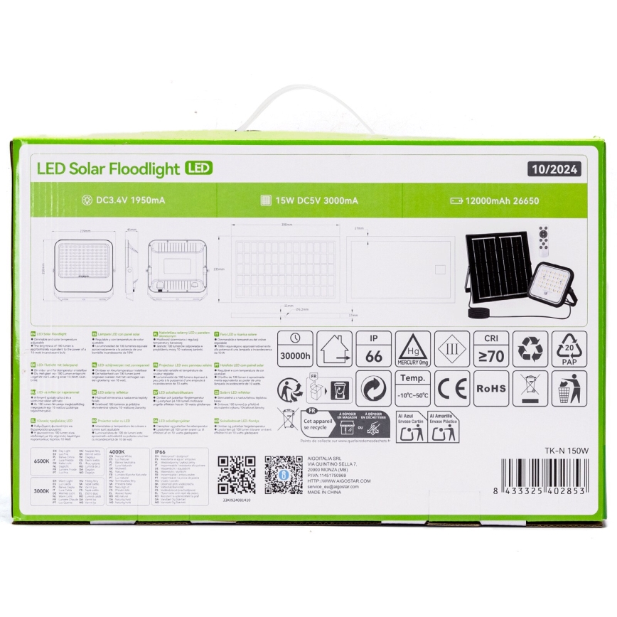 Aigostar - Dimmbarer LED-Solarstrahler LED/150W/3,4V 3000/4000/6500K IP66 + Fernbedienung