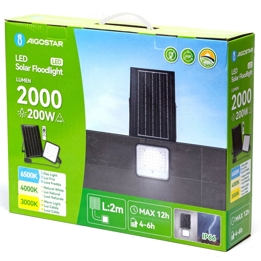 Aigostar - Dimmbarer LED-Solarstrahler LED/200W/3,4V 3000/4000/6500K IP66 + Fernbedienung