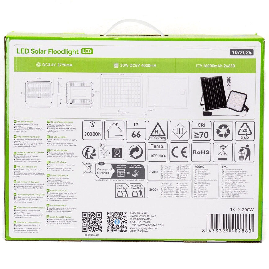 Aigostar - Dimmbarer LED-Solarstrahler LED/200W/3,4V 3000/4000/6500K IP66 16000 mAh + Fernbedienung