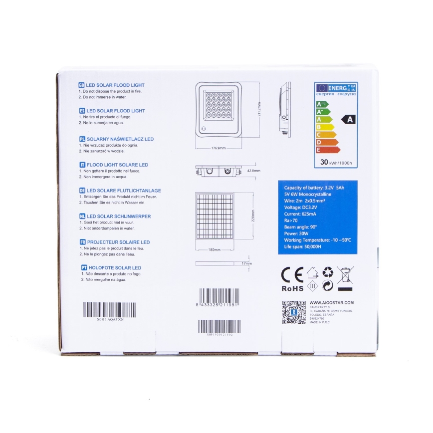 Aigostar - Dimmbarer LED-Solarstrahler LED/30W/3,2V 20000 mAh IP67 + FB