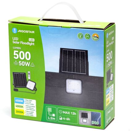 Aigostar - Dimmbarer LED-Solarstrahler LED/50W/3,4V 3000/4000/6500K IP66 + Fernbedienung