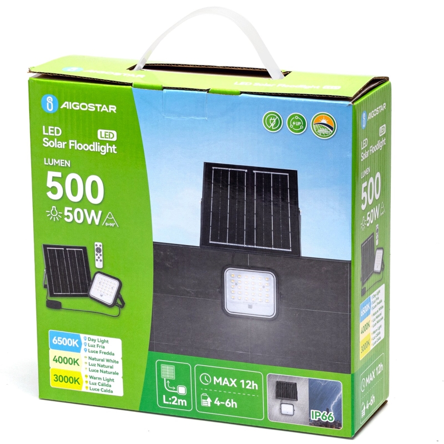 Aigostar - Dimmbarer LED-Solarstrahler LED/50W/3,4V 3000/4000/6500K IP66 + Fernbedienung