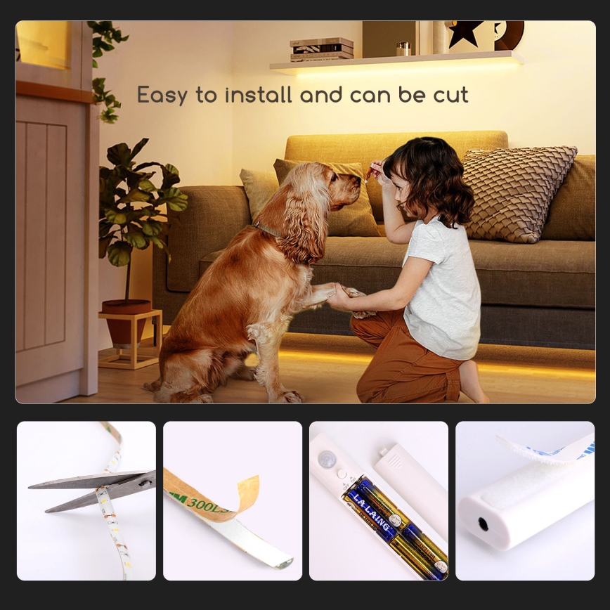 Aigostar - Dimmbarer LED-Streifen mit Sensor 1m LED/2W/4xAAA 3000K IP65