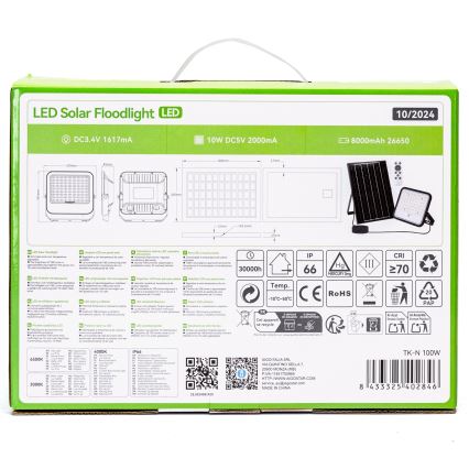 Aigostar - Dimmbarer LED-Solarscheinwerfer LED/100W/3,4V 3000/4000/6500K IP66 8000 mAh + Fernbedienung