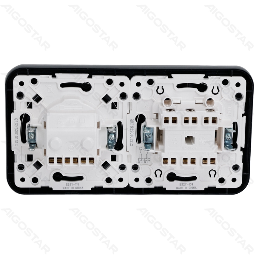Aigostar - Doppelschalter Nr. 6+6 und SCHUKO-Steckdose 230 V mit Rahmen, schwarz